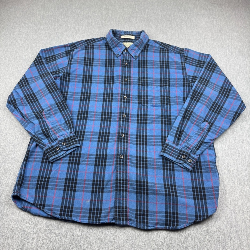 LL Bean Shirt Mens Extra Large Blue Black Scotch Plaid Flannel Traditional Fit